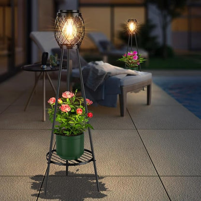 MXwcy Solar Floor Lamp with Plant Stands，Solar Lights Outdoor with Vintage LED Edison Bulbs, Weatherproof Garden Lights for Pathway, Patio, Yard, 8-10 Hours Lighting, IP55 Waterproof