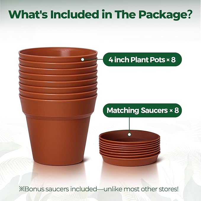 T4U 4 Inch Plant Pots 8-Pack, Small Flower Pots with Drainage Hole and Saucer, Decorative Nursery Pot Bulk for African Violet, Snake Plant, Succulent, Herb and Plants Indoor (8 Pcs 4" Pots)