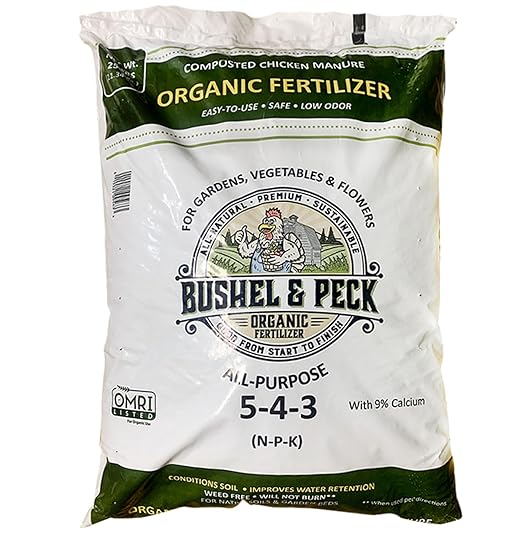 Bushel & Peck Organic Compost Fertilizer 5-4-3 - Pelleted Poultry Manure | OMRI Listed | Natural Soil Amendment for Gardens, Flowers, Vegetables & Lawns (25 Pounds (1 Bag))