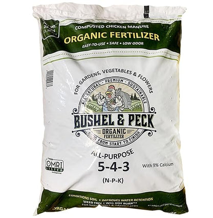 Bushel & Peck Organic Compost Fertilizer 5-4-3 - Pelleted Poultry Manure | OMRI Listed | Natural Soil Amendment for Gardens, Flowers, Vegetables & Lawns (25 Pounds (1 Bag))