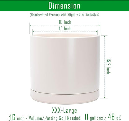 D'vine Dev 16 Inch Ceramic Planter Pot with Drainage Hole and Saucer, Indoor Cylinder Round Planter Pot, Oatmeal, 94-O-H-8