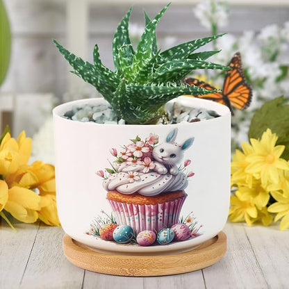 DreamAutumn Easter Cupcake Dessert Planter Ceramic Round Plant Pots with Drainage Holes and Bamboo Tray Planting Small Flower Pots for Home Windowsill Desk Garden Indoor Outdoor Use