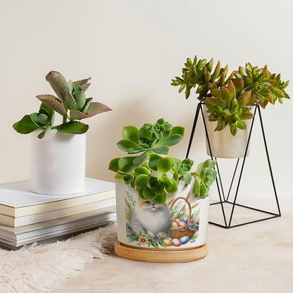 DreamAutumn Watercolor Easter Cat Ceramic Flower Pots,Gardening Plant Pot with Drainage Holes and Saucers Round Ceramic Pots for Indoor Plants Succulent Herbs Cactus Pots for Dad Papa Grandpa