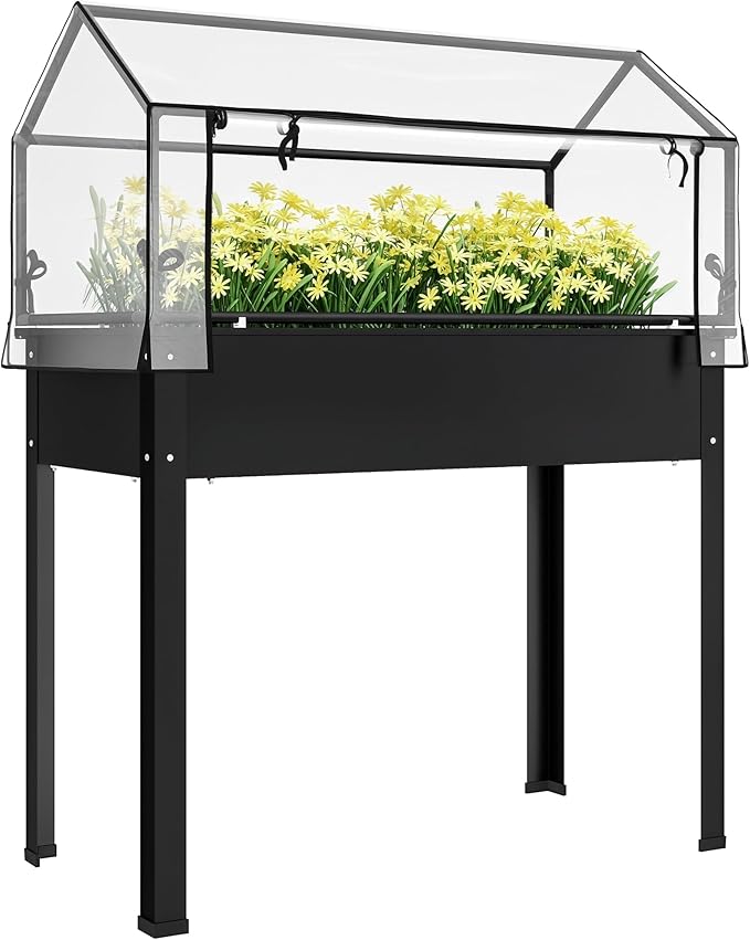 Outsunny Raised Garden Bed with Flip-Up Greenhouse Cover, Elevated Planter Box with Legs and Drainage Hole for Vegetables Flowers Herbs, 39.4" x 18.9" x 48.8", Black