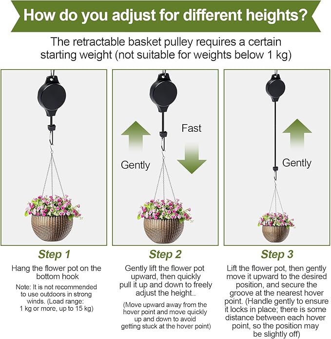 Retractable Plant Hanger with Pulley System, Effortless Raising and Lowering for Indoor and Outdoor Plants, Hanging Planters, Garden Pots & Bird Feeders (4-Pack,Black)