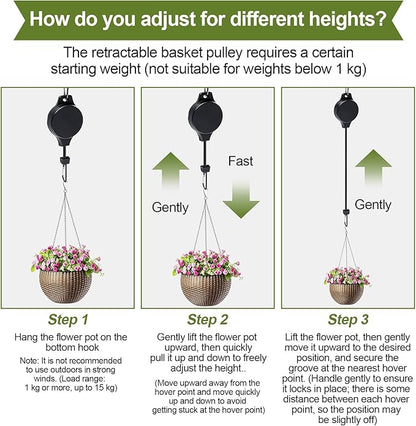 Retractable Plant Hanger with Pulley System, Effortless Raising and Lowering for Indoor and Outdoor Plants, Hanging Planters, Garden Pots & Bird Feeders (4-Pack,Black)