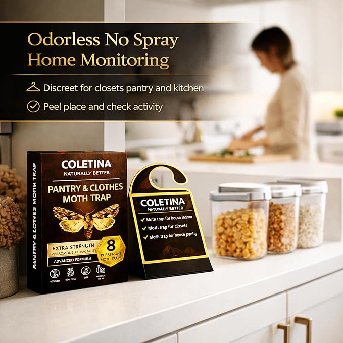 Coletina Moth Trap for Clothes Pantry Moth Traps with pheromones Pack of 8 Odorless Adhesive Boards for Closet Wardrobe Pantry Food Storage Indoor Home Control Plus 8 Insect Traps 24/7 Protection