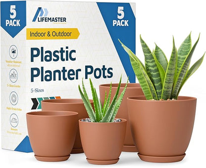 Terracotta Plant Pots with Drainage Holes & Saucers 5 Pack, Indoor & Outdoor Stackable Space-Saving Planters for Houseplants & Flowers, (7", 6.7", 6", 5.3", and 4.8" Inches), Durable & Weatherproof