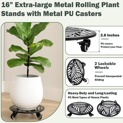 1 Pack 16 inches Extra-large Metal Plant Caddy with Wheels Heavy-duty Iron Rolling Plant Stand with Casters Indoor Outdoor Wheeled Plant Roller Base Pot Movers Plant Dolly Coaster Trolley Black