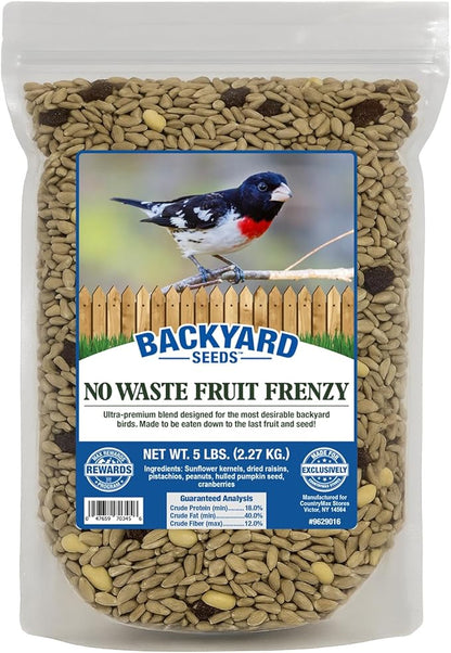 CountryMax Backyard Seeds Fruit Frenzy No-Waste Bird Seed Mix 5lbs - Premium Blend with Pumpkin Seeds, Cranberries & Pistachios, Small Bag of Wild Bird Food