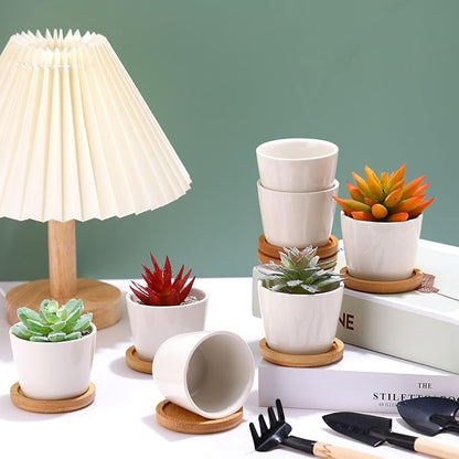 Hsei 24 Pack 2.5 Inch Mini Succulent Plant Pots Valentine's Small Ceramic Flower Pot with Bamboo Tray Garden Cactus Herb Container Home Office Decoration for Birthday Wedding Favor Gifts (White)