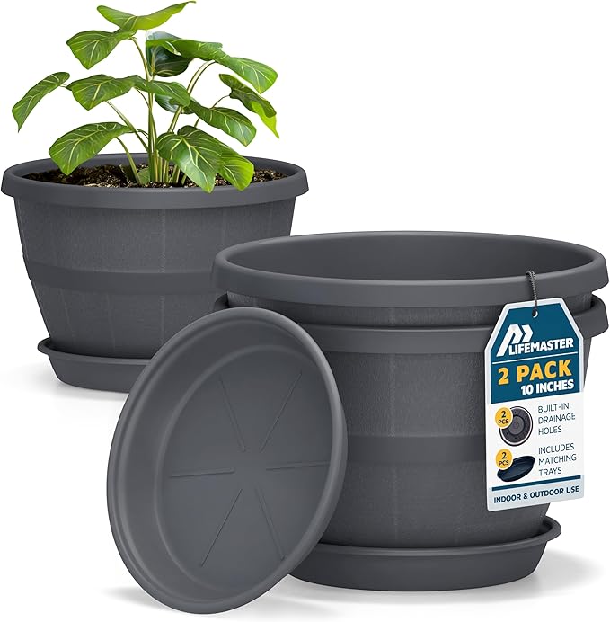 10-Inch Whiskey Barrel Planters Outdoor Pack of 2 - Durable Plastic Plant Pots for Indoor & Outdoor Use with Drainage & Saucer, Lightweight Rustic Barrel Planters for Flowers, Herbs & Small Plants