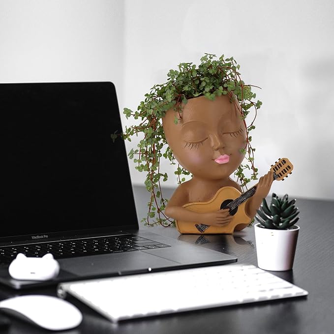 Face Planter Pot, Cute Girl Playing Guitar Head Planter for Indoor Plants, Unique Resin Succulent Pots with Drainage, Creative Music Lover Gifts for Guitarist Women Mom (Brown)