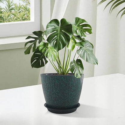 8/7/6 inch Plant Pots, 3 Pack Flower Pots for Outdoor Indoor Garden Plants, Large Planters with Multi Mesh Drainage Holes and Saucer (Black with Green Speckles, 8"+7"+6")