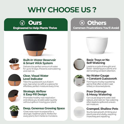 2 Pack 10 Inch Self Watering Pots - Water Level Indicator & Deep Reservoir, Mess-Free Planter for Busy People, Beginners & Gardeners, Fiddle Leaf Fig, Monstera, ZZ Plants, Indoor Outdoor Use (Black)