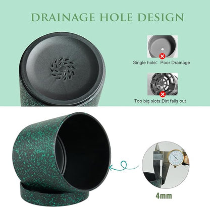7/6.5/6/5/4 inch Plant Pots, 5 Pack Cylinder Flower Pots for Small Indoor Outdoor Plants, Plastic Planters with Drainage Holes and Saucer for Garden Succulent Plants, Black With Green Speckles