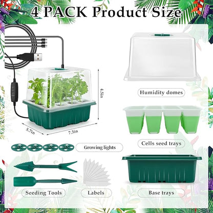 Seed Starter Tray with Grow Light, 48 Cells Indoor Seed Starter Kit, Flexible Silicone Seedling Starter Trays, Germination Tray Kit with Humidity Dome & Lids(4in Height), Reusable & Dishwasher Safe