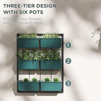 Outsunny 3-Tier Wall Planter with 6 Pots for Indoor and Outdoor Use, Hanging Plant Holder, Self Draining Wall Mounted Planter for Vegetables, Flowers, Herbs, Green