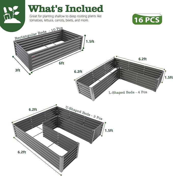 A ANLEOLIFE 16-Piece 18 Inch Tall Galvanized Raised Garden Beds Kit, Rectangular,U-Shaped & L Shaped Metal Planters – Ideal for Backyard Structured Garden Layouts, Quartz Grey