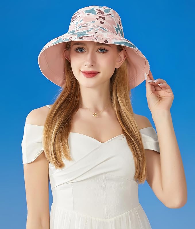Wide Brim Women Sun Hat Summer Beach Bucket Fishing Hats Metal Wired Edge Packable UV Protection for Hiking Garden Travel