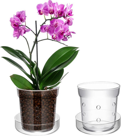Baderke 1 Pcs Orchid Pot with Drainage Holes and Tray Transparent Glass Pot Planter for Orchids Flower Repotting Anti Slip Glass Plant Vase for Indoor Outdoor Home Decor (4 Inch)