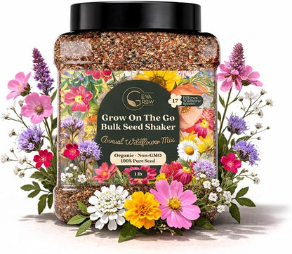 Wildflower Seed Shaker – Annual Mix by GevaGrow | 17 Variety Flower Seeds for Planting in Pots & Outdoor Gardens, Bulk 300,000+ Seeds - 1 Pound Tub