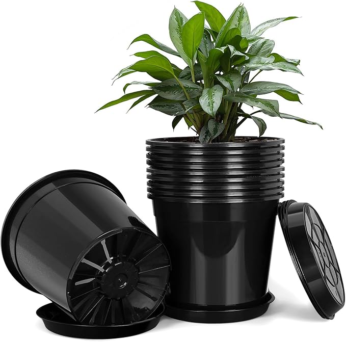 2 Gallon Plastic Pots with Drip Trays, Sturdy Gallon Plant Pots with Drainage Holes, Large Plastic Planter for Flowers, Ideal for Indoor and Outdoor Use (2Gallon-10PACK)