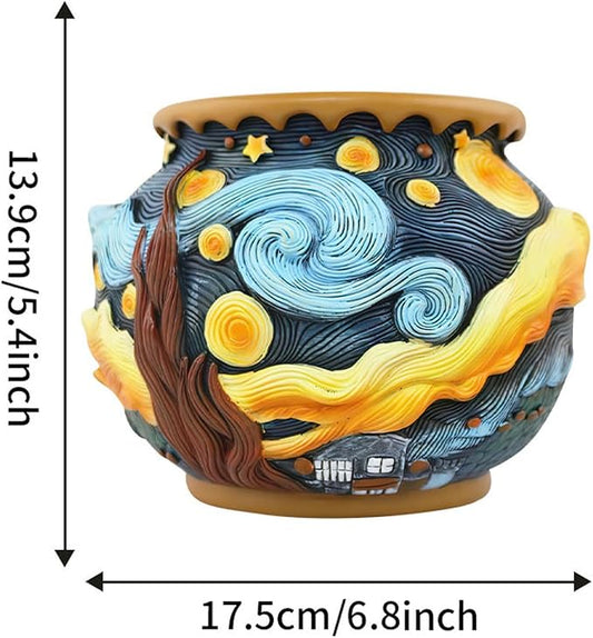 Starry Night Planter Pots/Vase Van Gogh Inspired Acolorful Art Resin Flower Pot with Drainage Hole for Indoor Plant Home Balcony Decor