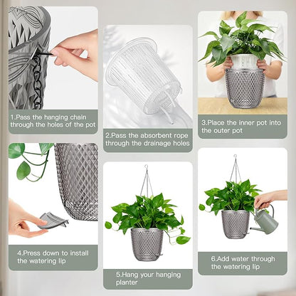 QCQHDU Self Watering Hanging Pots, 2 Pack 7.2 Inch Hanging Planters for Plants Indoor, Outdoor Flower Pots with Drainage Holes and 3 Hooks Chains for Garden Home (Gray)