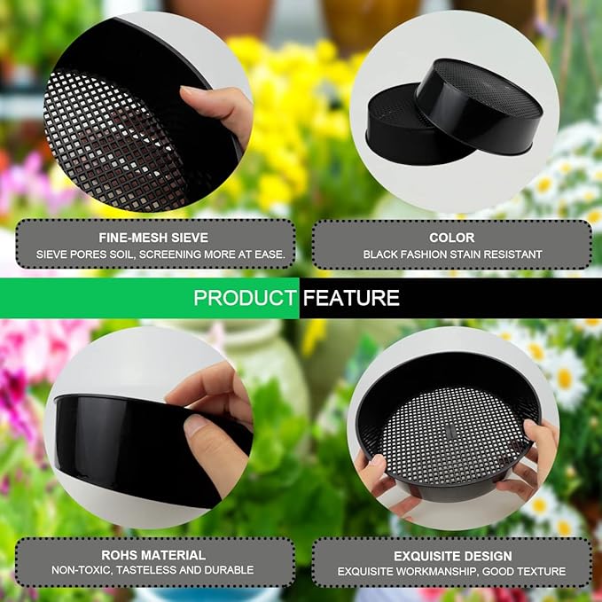 2 Pcs Round Garden Soil Sieve Pan with Handle Sand Sifter Set for Sieve Work of Small Gravel, Soil, Sand（Black）