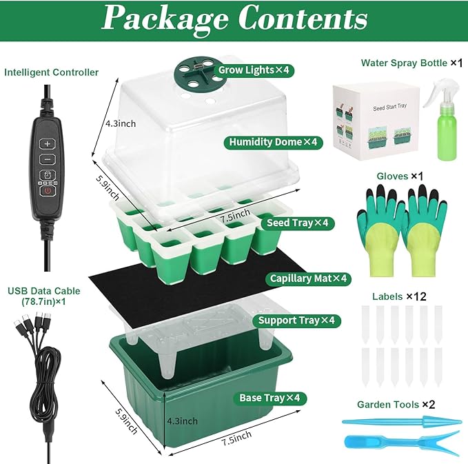 Mckanti 4 Set Self-Watering Seed Starter Tray Kits with Grow Light, Reusable Seed Germination Kit with Adjustable Humidity Domes and Silicone Cell Base Tray for Indoor Plant Seed Germination