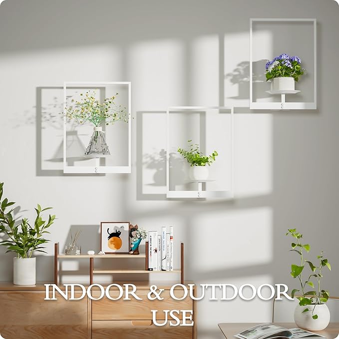 White Metal Wall Plant Holder - 3-Pack Wall Mounted Plant Stands and Hanging Holders for Indoor Planter and Flower Pot -Rectangle Decor Shelf for Plant Storage (Pot Not Included)