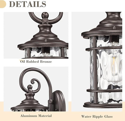 Emliviar 15.5" Outdoor Wall Mounted Light Fixture, Farmhouse Porch Lighting in Oil Rubbed Bronze Finish, Outside Lantern for Yard with Water Ripple Glass Shade, XE229B ORB WG