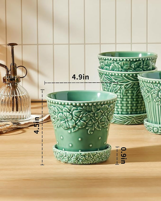 Ceramic Plant Pots, 4.9 Inch Flower Pots with Drainage Hole & Saucer, Decorative Planter Pots for Indoor Plants, Small Pots for Succulent, Catus, Home Decor, Set of 4, Green