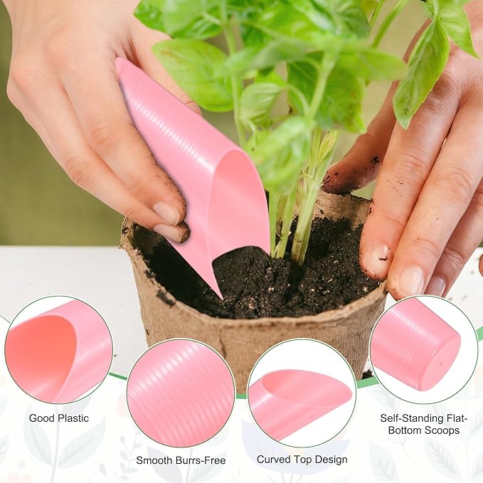 6-Pack Bonsai Soil Scoops, Plastic Garden Soil Scoops Bucket Shovel Potting Scoopers for Transplanting/Flower Planting/Plant Succulent, Colorful Small Gardening Tools [Pink]