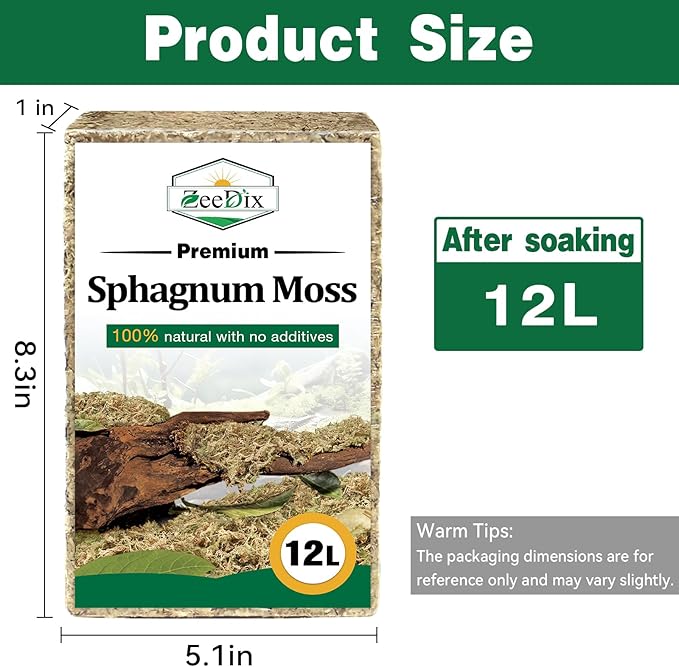 ZeeDix 12L Premium Sphagnum Moss for Plants Indoor, New Zealand Sphagnum Moss for Orchid Potting Mix Terrarium Succulent Carnivorous Ferns Hosta Garden & Reptile Habitat