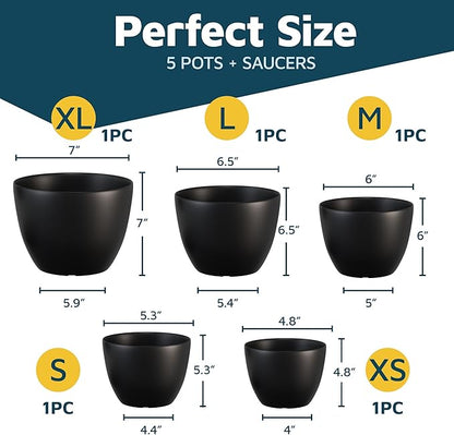 Lifemaster Plant Pots with Multi Drainage Holes - 5 Pieces Versatile, Sturdy Plastic, Stackable Design Home Decor Flower Pots for Indoor and Outdoor Gardening - Black