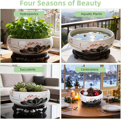 YARNOW Ceramic Lotus Bowl Cactus Bowl Planter Ceramic Water Lily with Stand for Home Office Garden