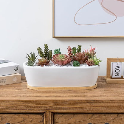 MyGift 14 Inch Oval Modern Matte White Ceramic Succulent Planter Pot with Drainage Hole and Removable Bamboo Saucer, Decorative Indoor House Plant Container for Flowers, Cactus, Herbs