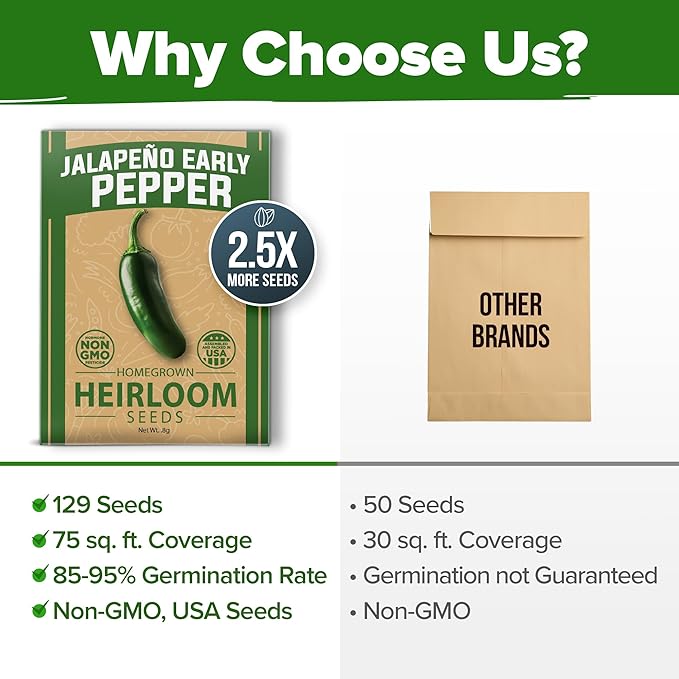 HOME GROWN Non GMO Jalapeno Pepper Seeds 129 Heirloom Seeds (Capsicum annuum) High Germination, Easy to Grow, Early Harvest Hot Peppers