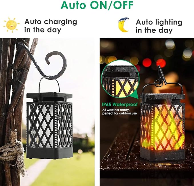 TomCare Solar Lights Outdoor Flickering Flame Solar Lantern Outdoor Waterproof Hanging Lanterns Decorative Lighting LED Flame Lights for Patio Garden, Black 4 Pack