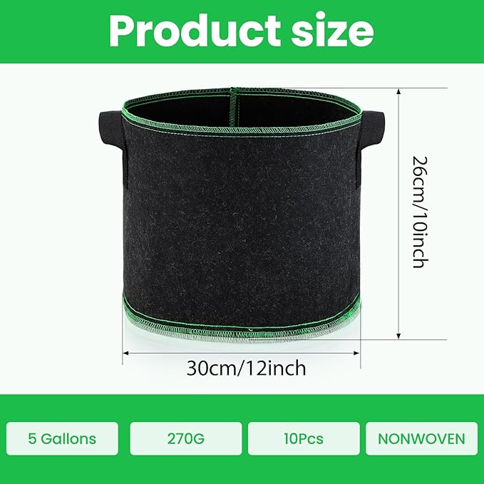 5 Gallon Grow Bags, 10 Pack Heavy Duty Aeration Fabric Pots,Thickened Nonwoven Fabric Pots with Handles,Reusable Plant Bags for Vegetable, Fruits, Flowers, Plants