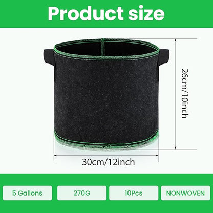 5 Gallon Grow Bags, 10 Pack Heavy Duty Aeration Fabric Pots,Thickened Nonwoven Fabric Pots with Handles,Reusable Plant Bags for Vegetable, Fruits, Flowers, Plants