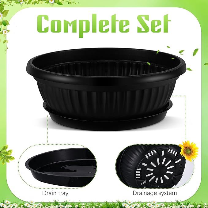 5 Sets Plant Pots 13 Inches Jumbo Plastic Flowers Garden Bowl Planter with Plant Saucers Large Black Wide Shallow Plant Pots with Drainage Holes Planter Bowl for Indoor Outdoor Flowers Herbs