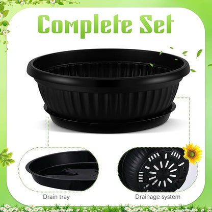 5 Sets Plant Pots 13 Inches Jumbo Plastic Flowers Garden Bowl Planter with Plant Saucers Large Black Wide Shallow Plant Pots with Drainage Holes Planter Bowl for Indoor Outdoor Flowers Herbs