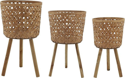 Set of 3 Woven Basket Decorative Planter Pot with Stand – Handcrafted Bamboo Pine Wood Outdoor & Indoor Plant Pot – Boho Garden & Home Decor Planters – 19", 22", & 26", Brown