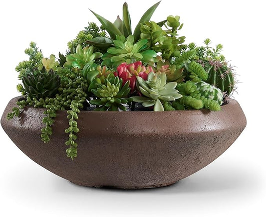 Concrete Lotus Bowl Planter 19"Dia x 6.3"H Large Succulent Pot with Drainage Hole & Plug, 16.7" Opening Low Planters for Indoor Outdoor Plants, Home, Patio, Garden, Weathered Concrete, Medium-Rust