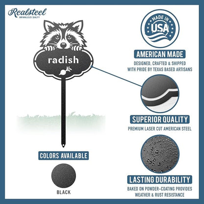 RealSteel Rocky The Raccoon Plant Markers – Cute Metal Garden Labels for Herbs & Vegetables | Outdoor Steel Plant Stakes for Garden, Greenhouse & Raised Beds | Gardening Gift | USA (ONIONS-B-6X13)