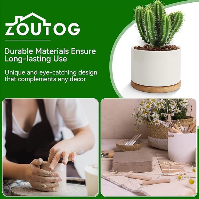 ZOUTOG Ceramic Succulent Pots,3.6 Inch Plant Pots,Succulent Planters with Drainage Hole & Bamboo Tray for Indoor Plants,White Small Flower Planters for Home,Office,Desk(6 Pack)