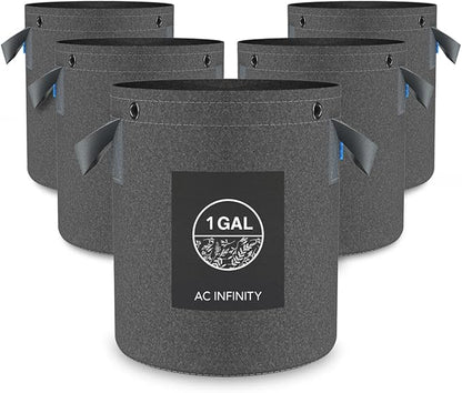 AC Infinity Heavy Duty Fabric Pots, 1 Gallon Aeration Reusable Grow Bags 5-Pack with 500G Thick Nonwoven Fabric and Multi-Purpose Rings, for Low Stress Plant Training Fruits, Vegetables, and Flowers